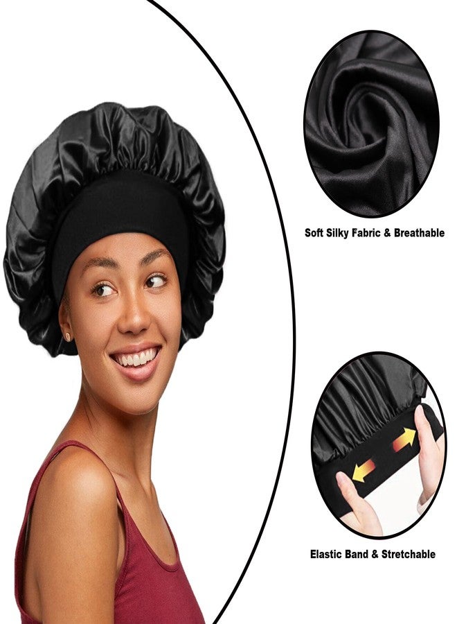 PODALOA 12 Pieces Silk Bonnet for Women Curly Hair Satin Bonnet Hair Wrap for Sleeping Cap with Tie Band (Black) - Image 2